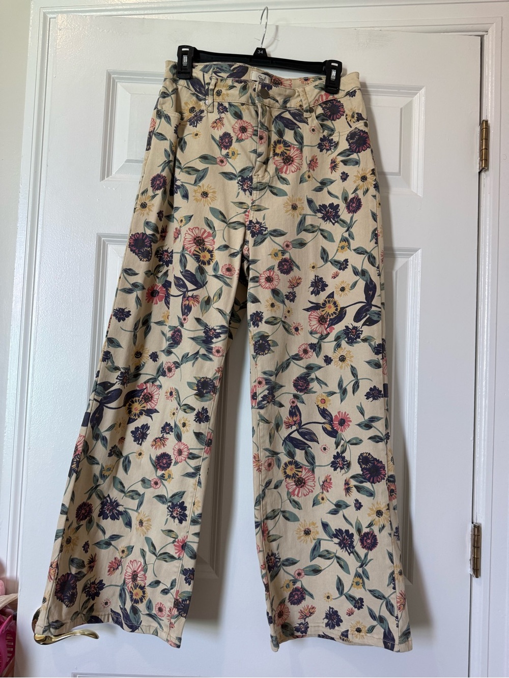 Floral Wide-Leg Pants - Cream with Pink & Blue Flowers - Picture 1 of 3